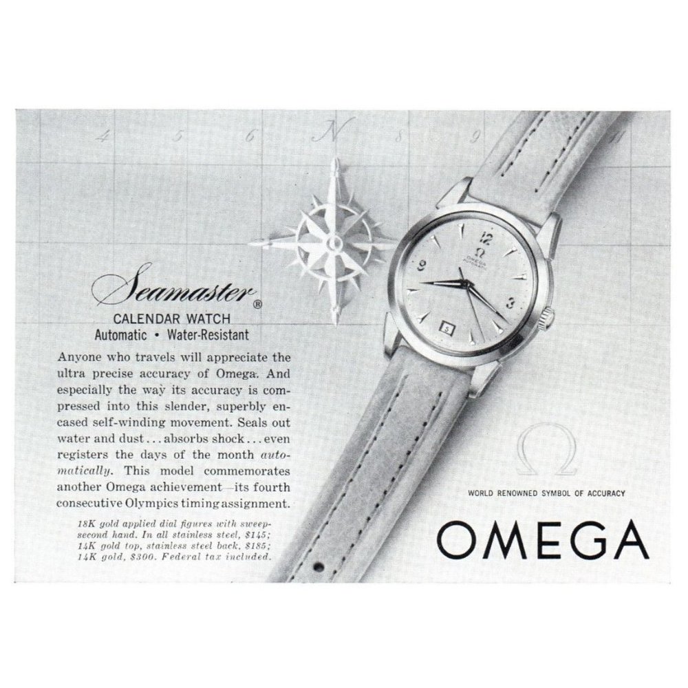 1953 Omega Seamaster Calendar Watch Vintage Print Ad Leather Strap Compass Rose